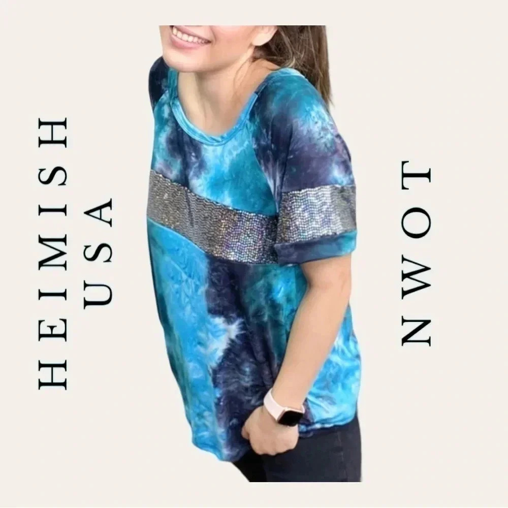 1274. HEIMISH USA TIE DYE SHORT SLEEVE TOP SIZE SMALL‎ SEQUINS ON TOP/SLEEVES